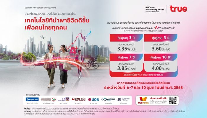 หุ้นกู้ 'ทรู คอร์ปอเรชั่น' 4 ชุดใหม่ 3.35 – 4.00% เคาะดอกเบี้ย ตอบโจทย์นักลงทุนเสริมทรัพย์รับตรุษจีน