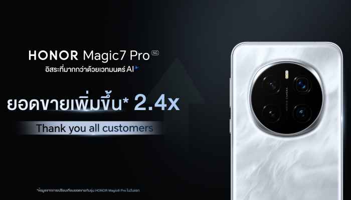 HONOR Magic7 Pro 5G สร้างสถิติใหม่ ยอดขายเติบโต 2.4 เท่า ตอบรับความเชื่อมั่นจากผู้บริโภค พร้อมขอบคุณทุกการสนับสนุน