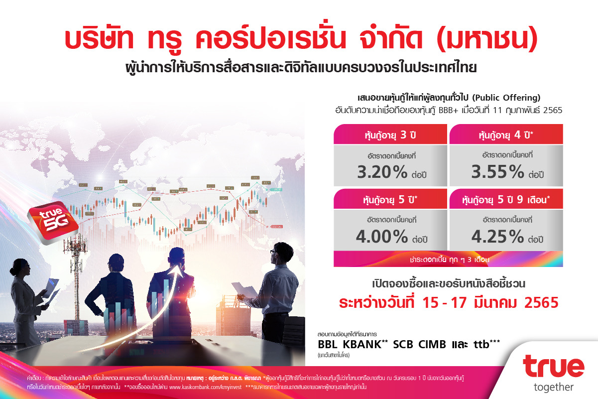 ทรู เผยอัตราดอกเบี้ยหุ้นกู้ 4 ชุดใหม่ 3.20% ถึง 4.25% ต่อปี พร้อมเปิดให้ผู้ลงทุนทั่วไปจองซื้อได้ระหว่างวันที่ 15-17 มี.ค 65