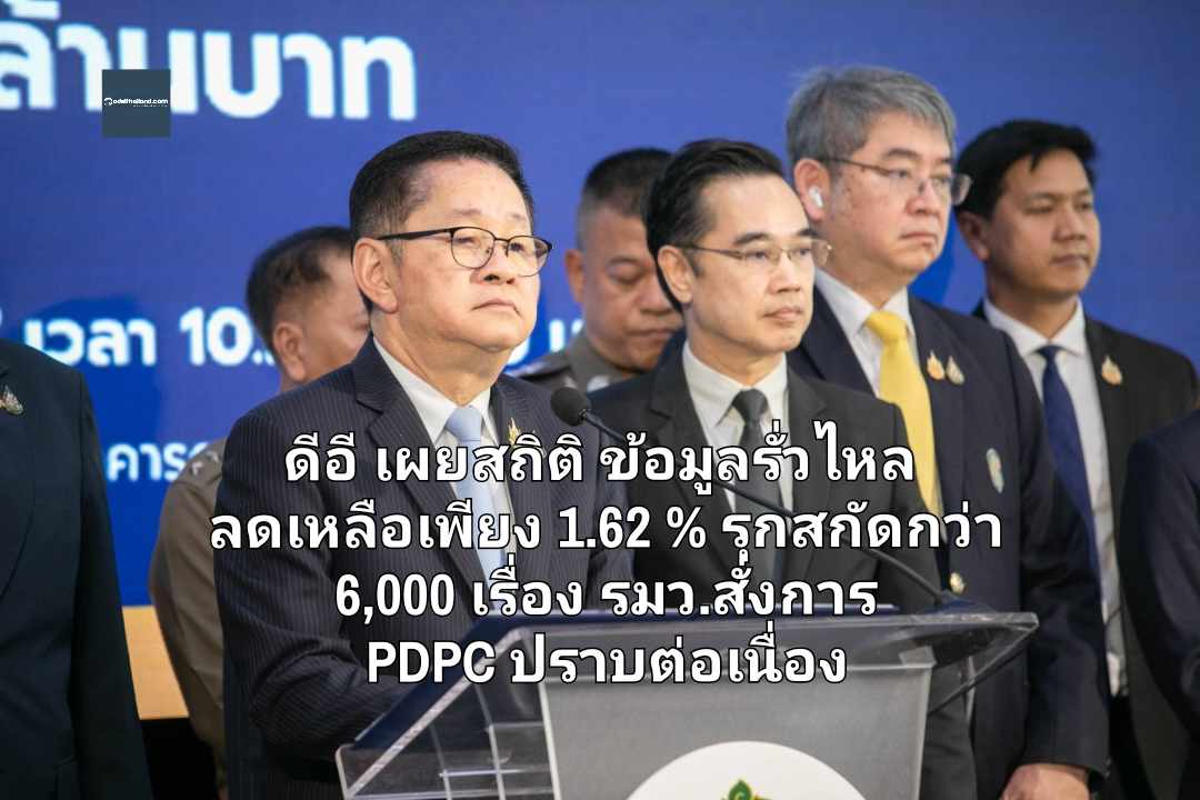 ดีอี เผยสถิติ ข้อมูลรั่วไหล ลดเหลือเพียง 1.62 % รุกสกัดกว่า 6,000 เรื่อง รมว.สั่งการ PDPC ปราบต่อเนื่อง