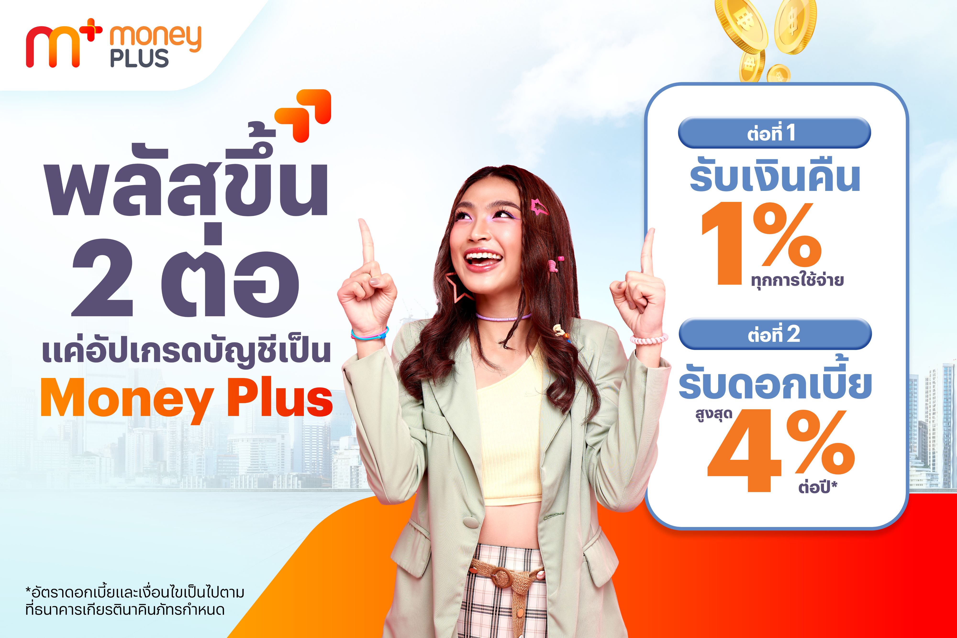 ทรูมันนี่ ส่ง 'Money Plus' บัญชีที่ช่วยให้เงินของคุณพลัสขึ้นกว่าที่เคย ได้รับเงินคืน 1%** ทุกการใช้จ่าย และเก็บไว้ได้ดอกเบี้ยสูงสุด 4% ต่อปี*