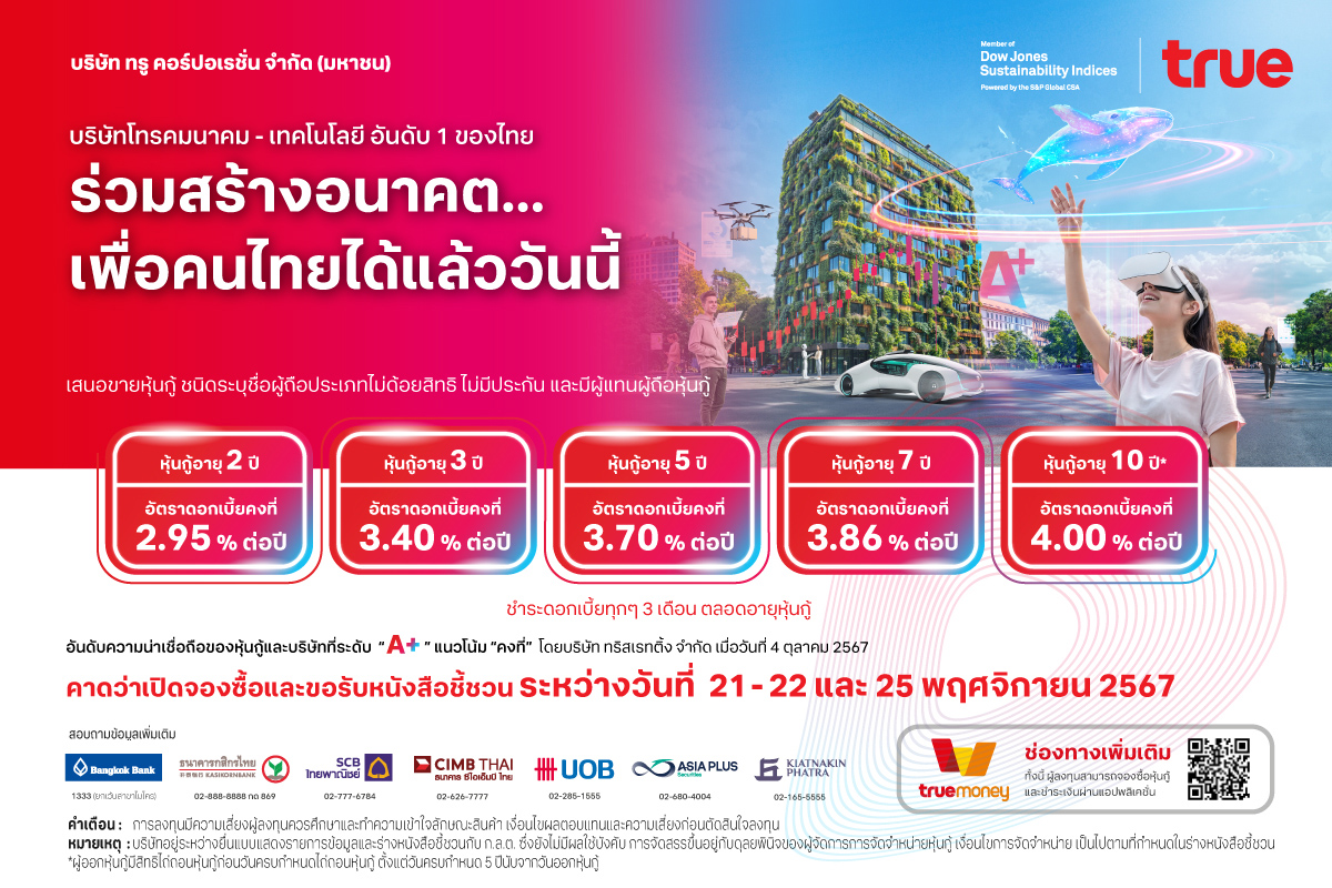 หุ้นกู้ ทรู คอร์ปอเรชั่น ใหม่ 5 ชุด เคาะดอกเบี้ย 2.95-4.00% ต่อปี พร้อมเรทติ้ง 'A+' คาดให้จองซื้อวันที่ 21-22 และ 25 พ.ย. นี้