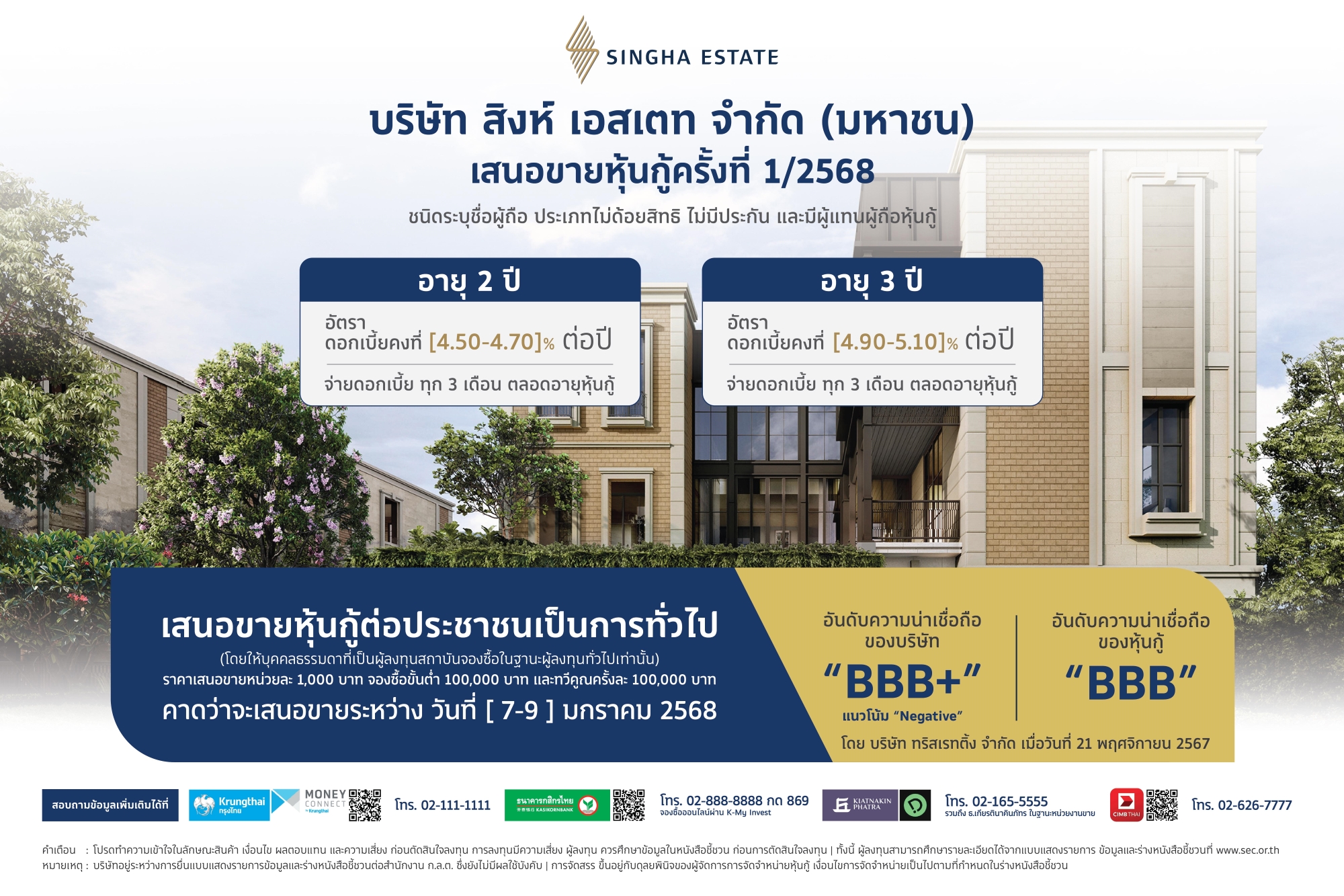 ‘สิงห์ เอสเตท’ เตรียมออกหุ้นกู้ชุดใหม่ 2 ชุด อายุ 2 - 3 ปี ชูอัตราดอกเบี้ย [4.50 – 5.10]% ต่อปี